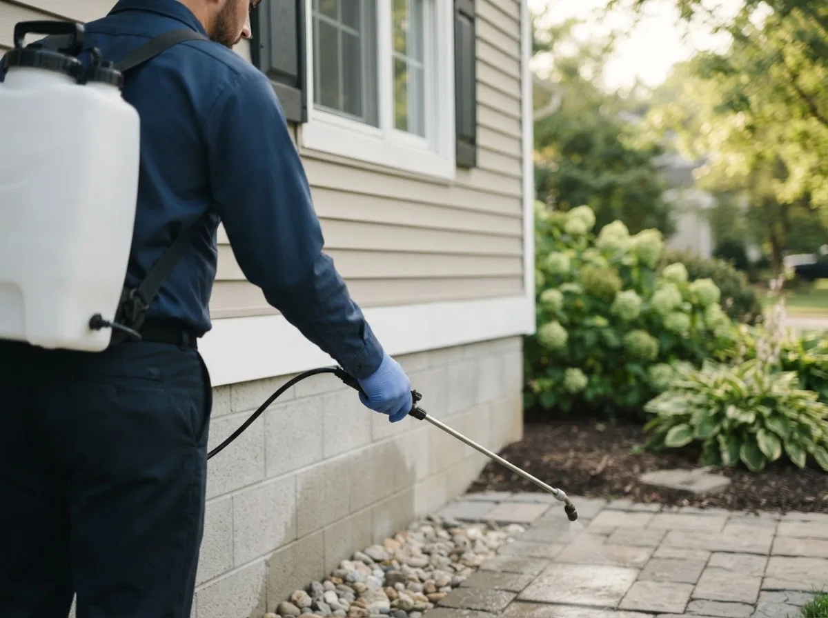 Pest control technician inspecting a home in Aztec, NM